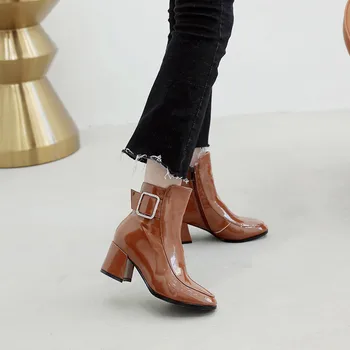 

Autumn Ladies High Hoof Block Heel Shoes Black Brown Patent Leather Rhinestone Buckle Ankle Riding Boots Plus Size Women