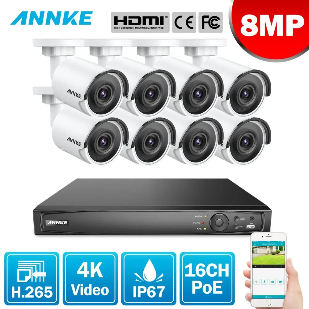 

ANNKE 16CH 4K Ultra HD POE Network Video Security System 8MP H.265 NVR With 8X 8MP 30m EXIR Night Vision Weatherproof IP Cameras