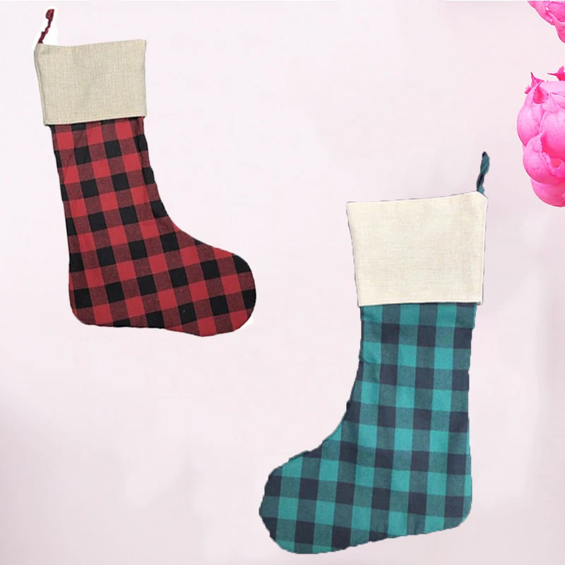 

Wholesale Sublimation Blank Plaid Christmas Stocking Linen Santa Socks Christmas Decor Candy Gift Bgas For New Year Party