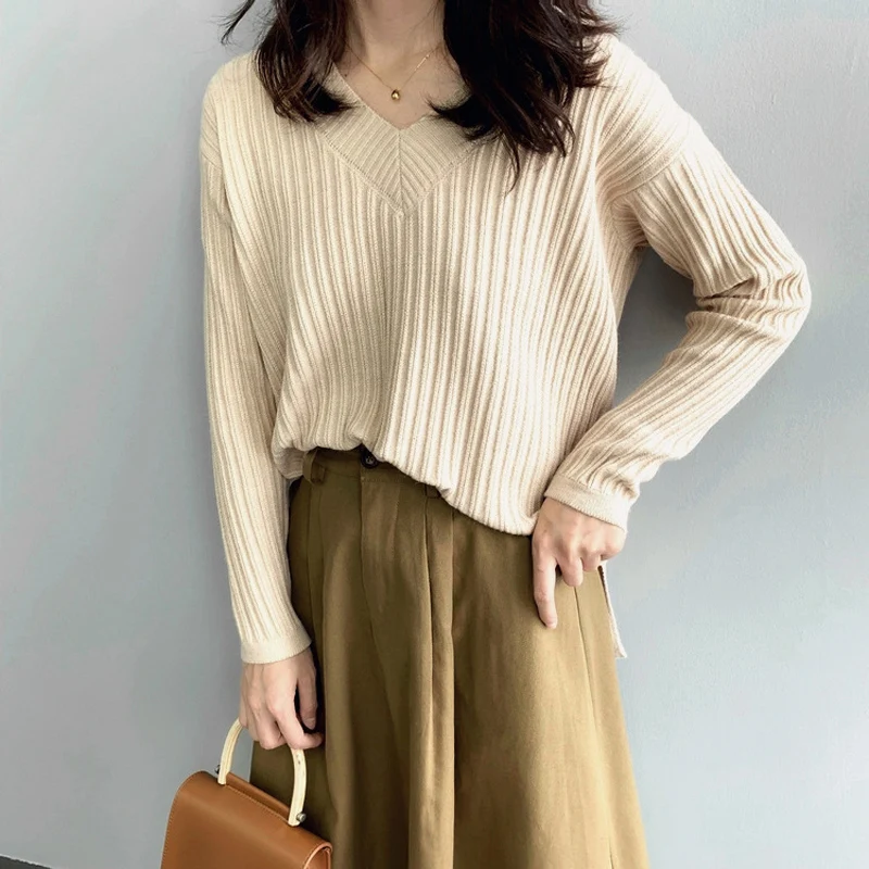

Women Sweaters Pullovers V Neck Long Sleeve Knitwear 2019 Autumn Solid Color Vertical Slit Drop Shoulder Knitted Loose Jumpers