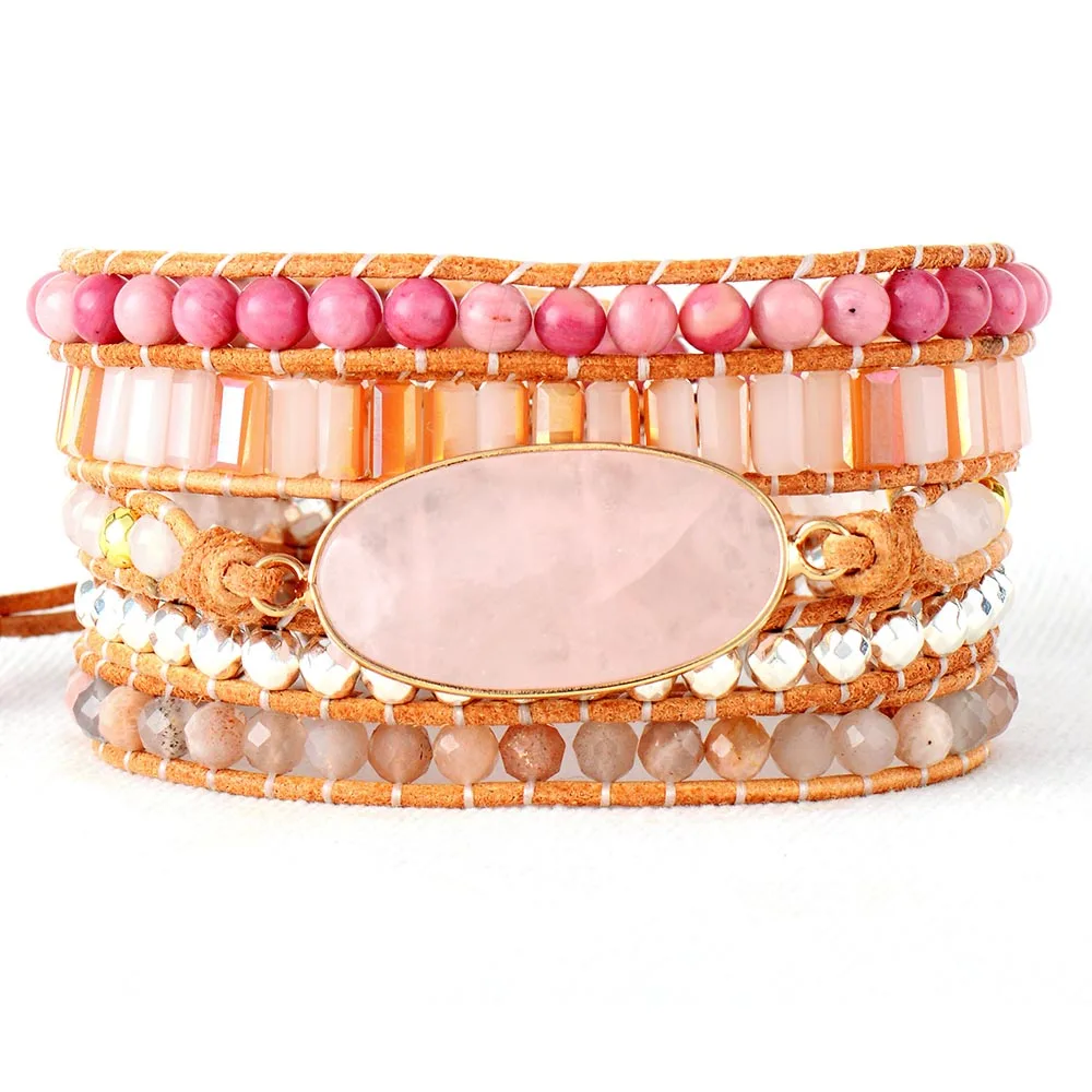 Women Beads Leather Bracelet Natural Stones Pink Quartz Crystal 5 Strands Woven Wrap Bracelets Bohemian Bracelet Dropship
