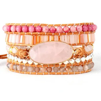 Women Beads Leather Bracelet Natural Stones Pink Quartz Crystal 5 Strands Woven Wrap Bracelets Bohemian Bracelet Dropship