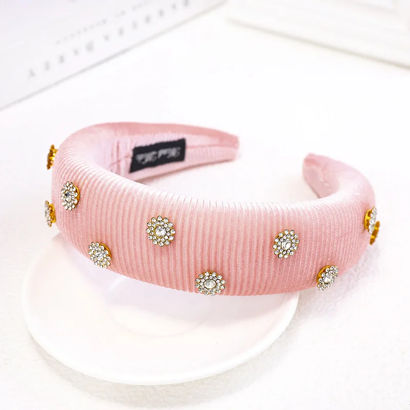 New Hair Accessories Velvet Rhinestone Women Hairband Crystal Flower Anti-slip Sponge Hair Hoop Fashion Headband Headwear - Цвет: Розовый