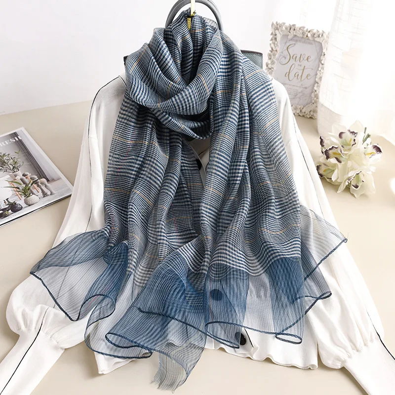 Шелковый шарф для женщин, мягкий длинный осенне-зимний шарф, мода, одноцветные клетчатые шали и палантины, высокое качество, платок из пашмины, хиджаб - Цвет: S - 41 blue