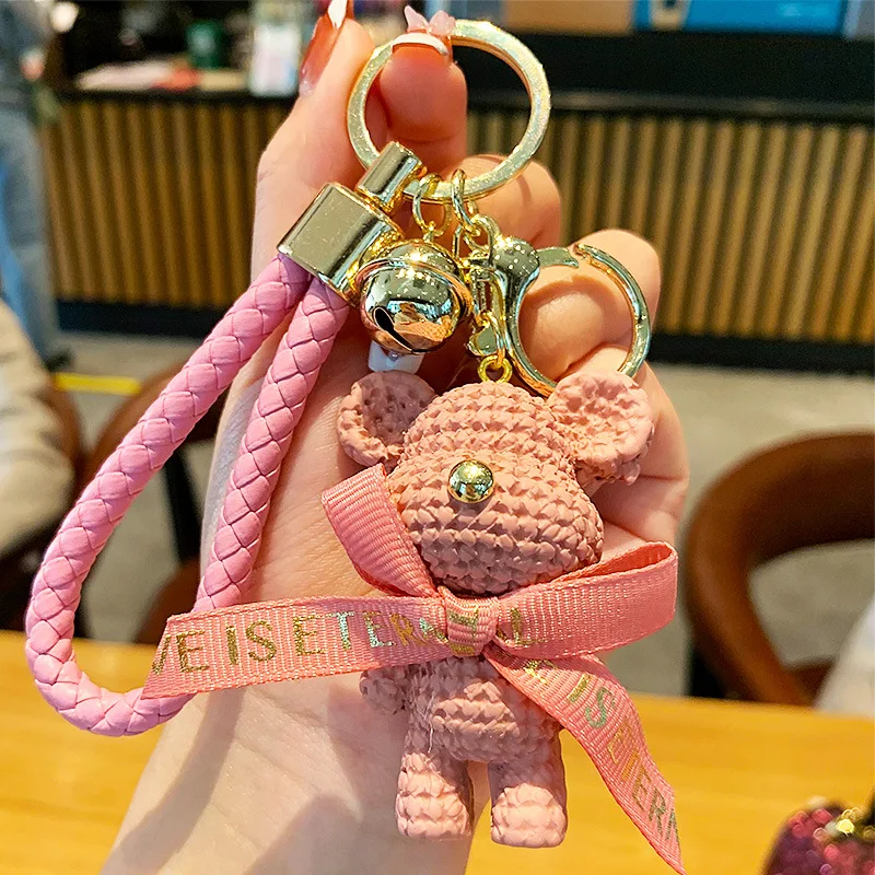 2021 New Leather Weave Rope DIY Bear Keychain Cartoon Cute Animal Doll Keyring Women Couple Bag Car Charm Key Chain Gift