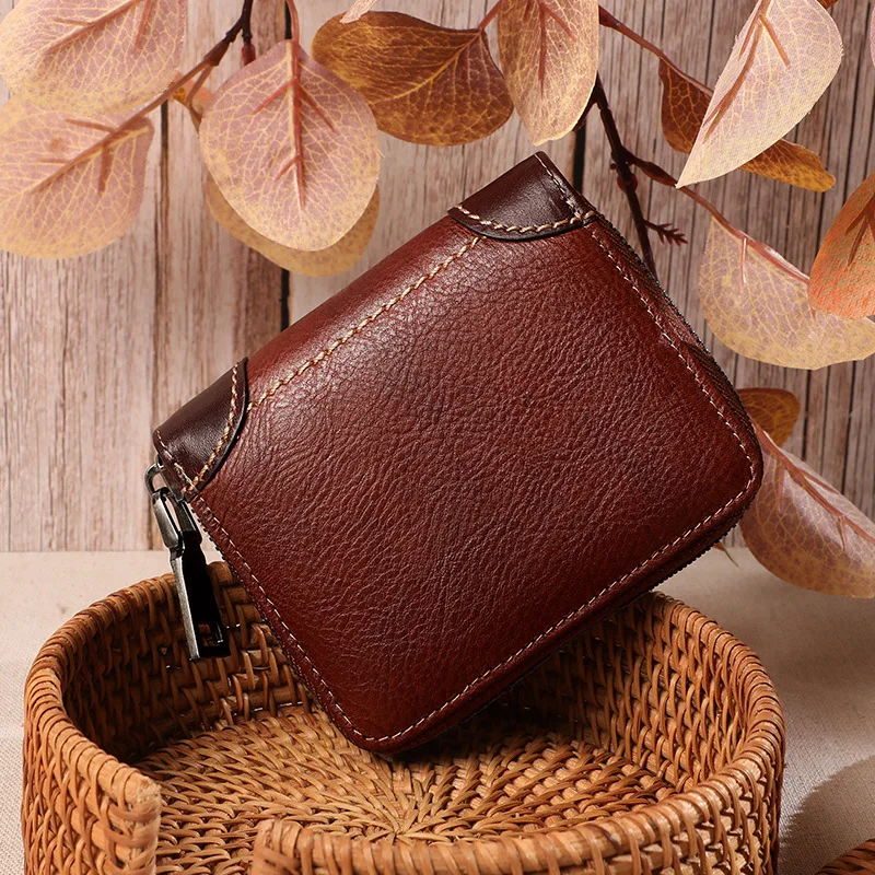 

HUGWISER Handmade Small Exquisite Coin Purse Women Short Wallet Zipper Genuine Leather Vintage Large Capacity High Quality Noble