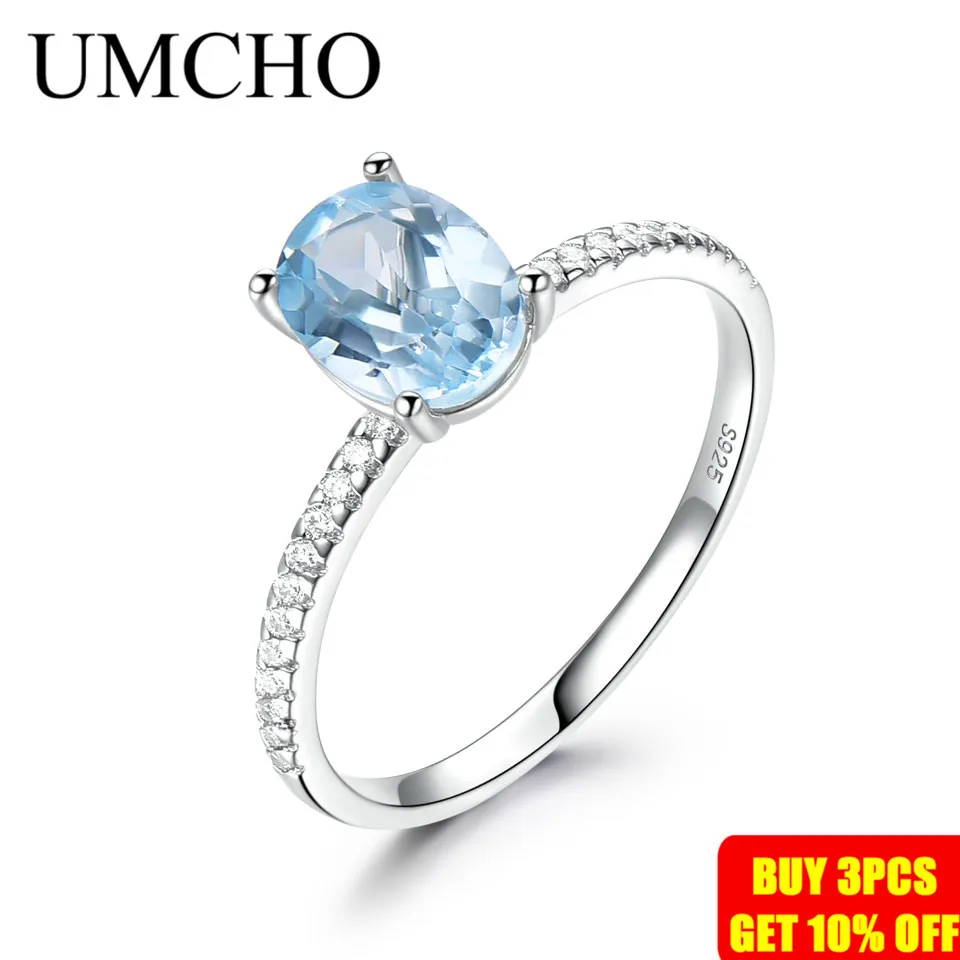 UMCHO, натуральная 925 пробы, серебро, драгоценный камень, обручальное ювелирное изделие для женщин, Небесно голубой топаз, камень по месяцу рождения, овальный Пасьянс, штабелированное кольцо