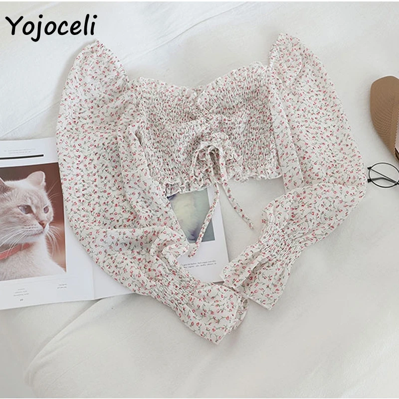 Yojoceli boho beach print blouses shirt women long sleeve ruffle short blouse tops female blusas