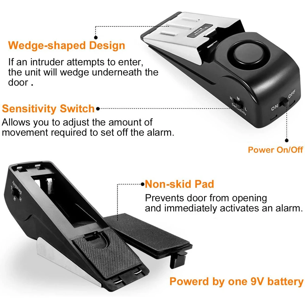 Upgraded Door Stopper Alarm Portable 120db Wedge Security Floor Door Stops Adjustable Sensitivity For Home Dormitory Traveling Door Stopper