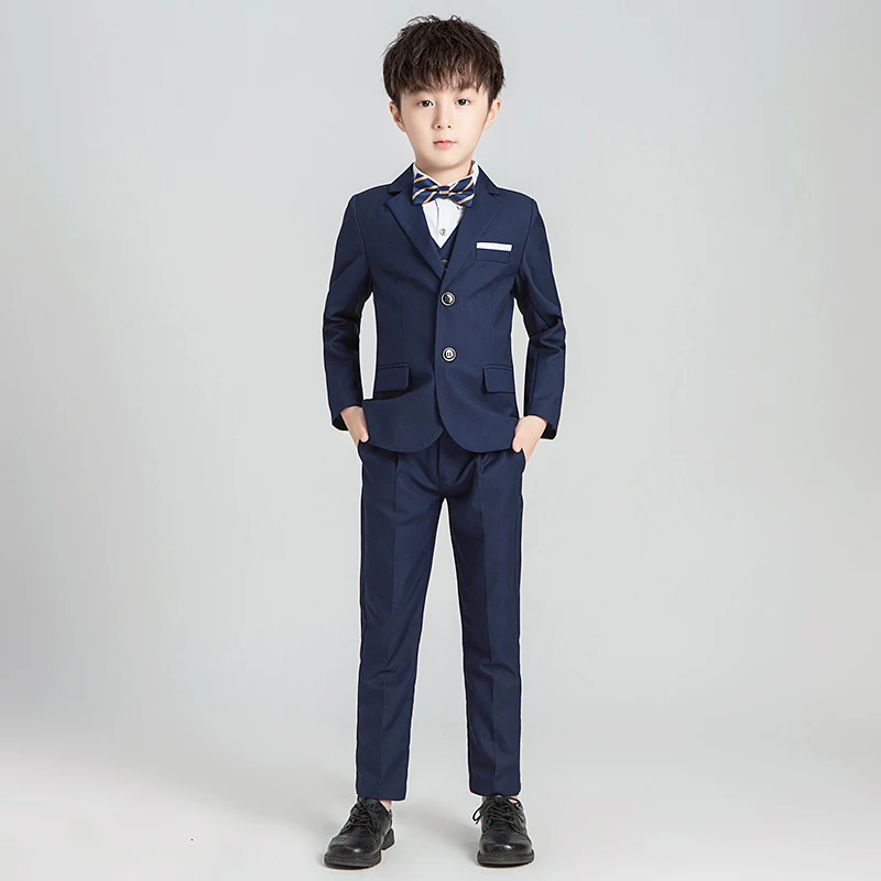 blue 3pcs Детский костюм для свадьбы, комплекты для мальчиков с цветочным рисунком, Детские торжественные смокинги, наряды блейзер для мальчиков, жилет, рубашки, брюки одежда с галстуком-бабочкой - Цвет: blue 3pcs