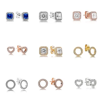 

925 Sterling Silver Earrings Diy Square Shape Round Surround Full Crystal Earring For Women Wedding Party Pandora Jewelry