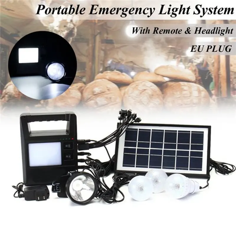 

LED Solar Lamps Portable Solar Generator System with Rechargeable Battery Headlight Solar panel EU Plug AC85-265V