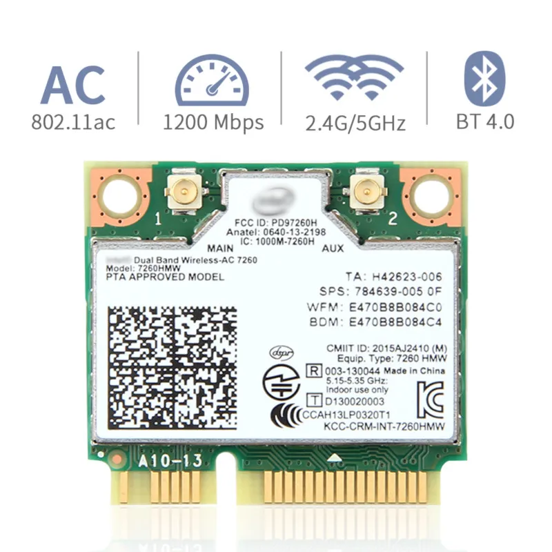 Compra Banda Dual de tarjeta inalámbrica para Intel 7260 7260HMW ac Mini PCI-E 2,4G/5Ghz Wlan Wifi Bluetooth 4,0 de 802 11ac/a/b/g/n con antena 6M55RJZX