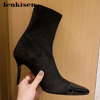 

Lenkisen large size sheep suede comfortable modern european design pointed toe super high heel zipper gorgeous ankle boots L66
