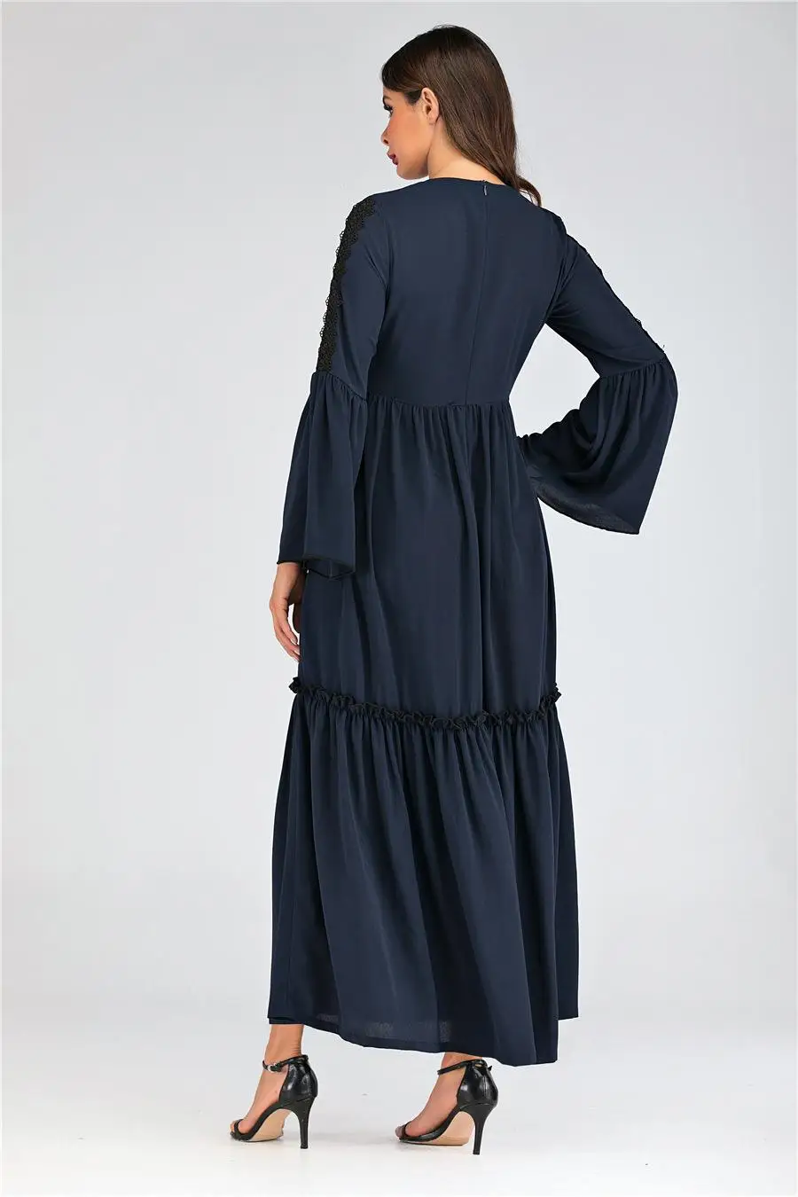 Женское плиссированное платье с длинным рукавом abaya Ruffle мусульманское платье вечернее исламский джильбаб драпированные дизайнерские платья арабский темно-синий халат Мода