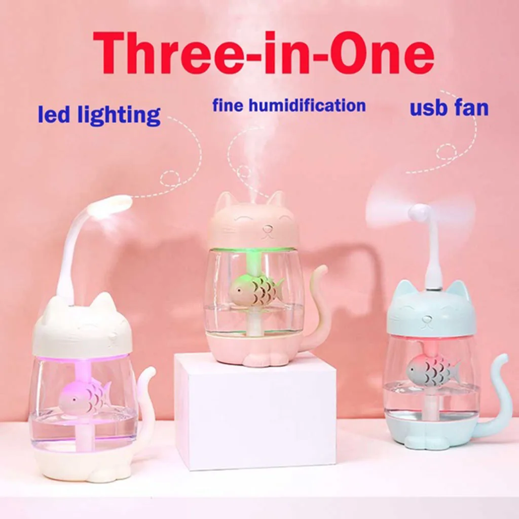 3 In 1 Portable Cute Cat Air Humidifier  Maker, LED Lamp Ninght Lamp, USB Fan for Desk Travel Office Car Bedroom