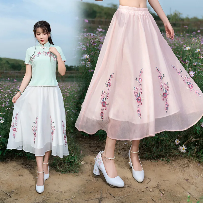 

2018 Spring And Summer Embroidery Elastic Waist High Waist Skirt Ethnic-Style Double Layer Skirt C1789