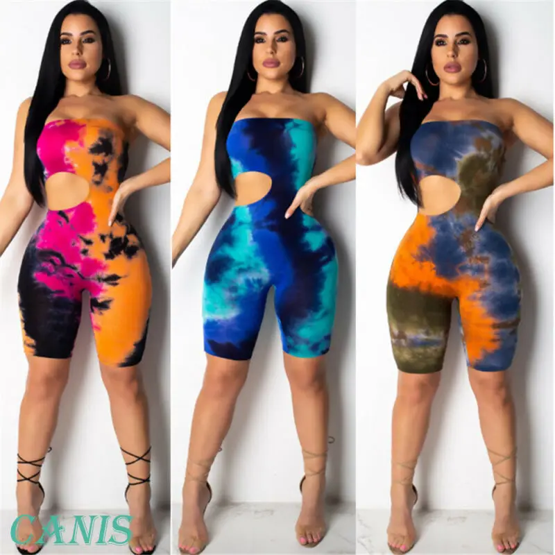 

Women Jumpsuit Tie Dyeing Bodycon Strapless Casual Club Party Romper Overalls Femme 2019 Summer Fashion Tracksuit ropa mujer