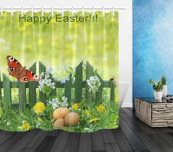 

Happy Easter Wood Fence Spring Flowers Waterproof Fabric Shower Curtain