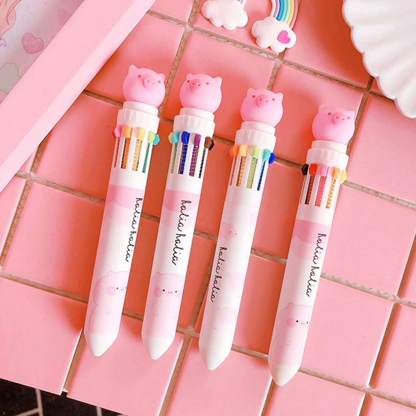 

Cute Pink Piggy 10 in 1 Multi-color Ballpoint Pen 0.5mm Refill Marker Writing Pen Stationery Students Learning Supplies Kids DIY