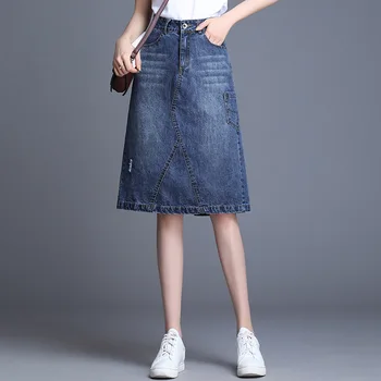 

Denim skirt high waist was thin A word skirt large size stitching casual skirt 2019 autumn new fashion short skirt pleated skirt