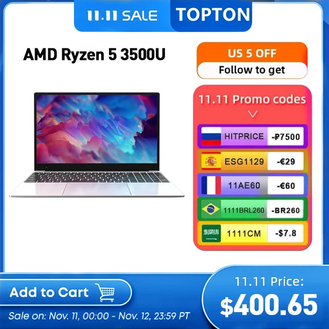 TOPTON 15.6'' Metal Laptop AMD Ryzen 7 3700U 5 3500U Max 36G DDR4 2T SSD Ultrabook Gaming Notebook Windows 10 Blacklit Keyboard 1