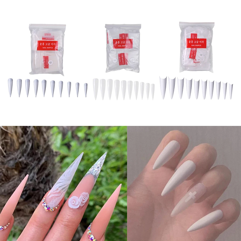 600Pcs Clear Natural White French Stiletto False Nails Tips Half Cover Fake Nails Manicure Acrylic Nail Art Tools