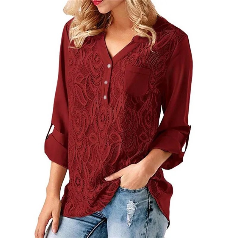 YMING модная шифоновая женская блузка плюс размер рубашки с длинными рукавами на пуговицах с v-образным вырезом женский топ вязанная крючком Женская Туника выше размера d Blusas - Цвет: Красный