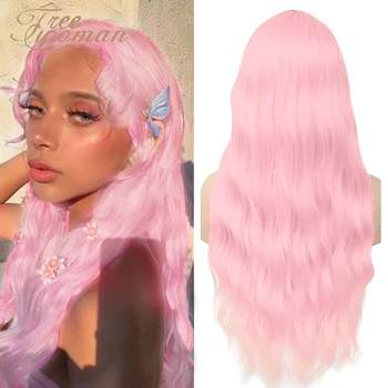 

FREEWOMAN Long Wavy Wig With Bangs Lolita Pink Synthetic Wigs for White Women Red Blue Black Wig Curly Fake Hair Cosplay Brown