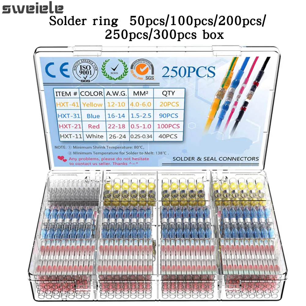 Conector de tope de soldadura termorretráctil, Conector de cable sellado de soldadura, Kit de conector de soldadura, aislamiento marino automotriz, 300/100 Uds.