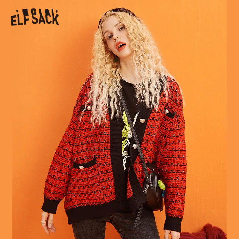 ELFSACK Colorblock Metal Button Vintage Knitted Cardigans Women Sweaters Winter Single Breast Office Ladies Daily Sweet Top