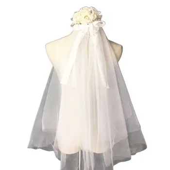 

2020 2 Layer Artificial Flower Pearls Chain Wedding Veil Lace Bow White Tulle Mesh