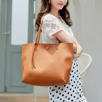 

Women Fashion Fringe Solid Large Capacity Shopping Shoulder Tote Handbag Bags Handbag Simple Женская сумка через плечо 2020 New