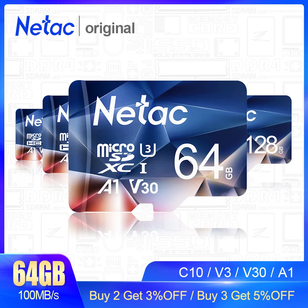Netac-tarjeta Micro SD para teléfono y cámara, 128GB, 64GB, 256GB, 512GB, C10/U3/V30/A1, TF