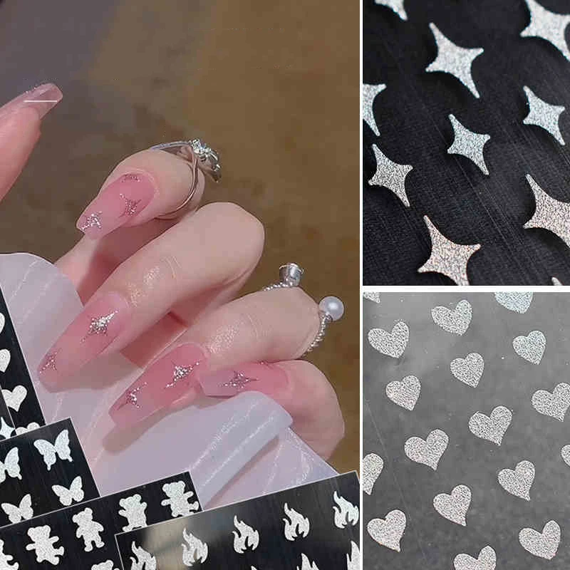 Блестящие Серебряные 3D-Наклейки для ногтей в виде сердца звезд медведя наклейки