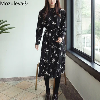 

Mozuleva Casual V-neck Ruffles Loose Women Dress 2020 Elegant Print Full Sleeve Chiffon Dress Female High Waist Midi Vestidos