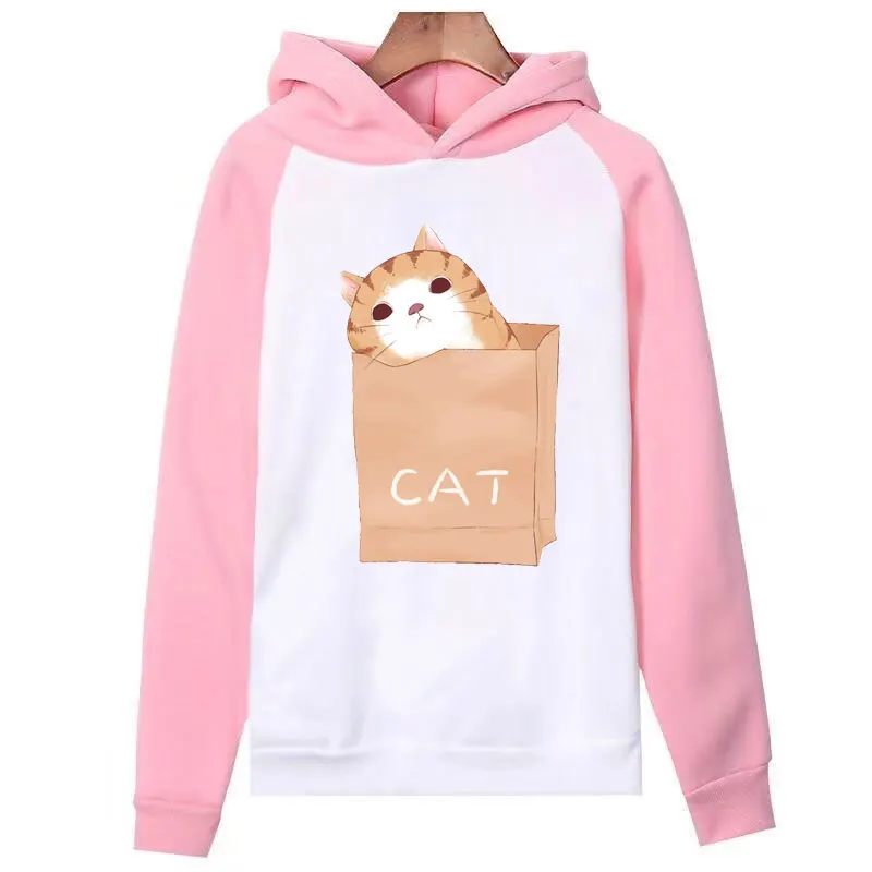 

2019 New Sweet Cute Cat Print Hoodie Boys Hoodies Sweatshirt Pullovers Kpop Fans Clothes Oversized Cotton Harajuku Kawaii Tops