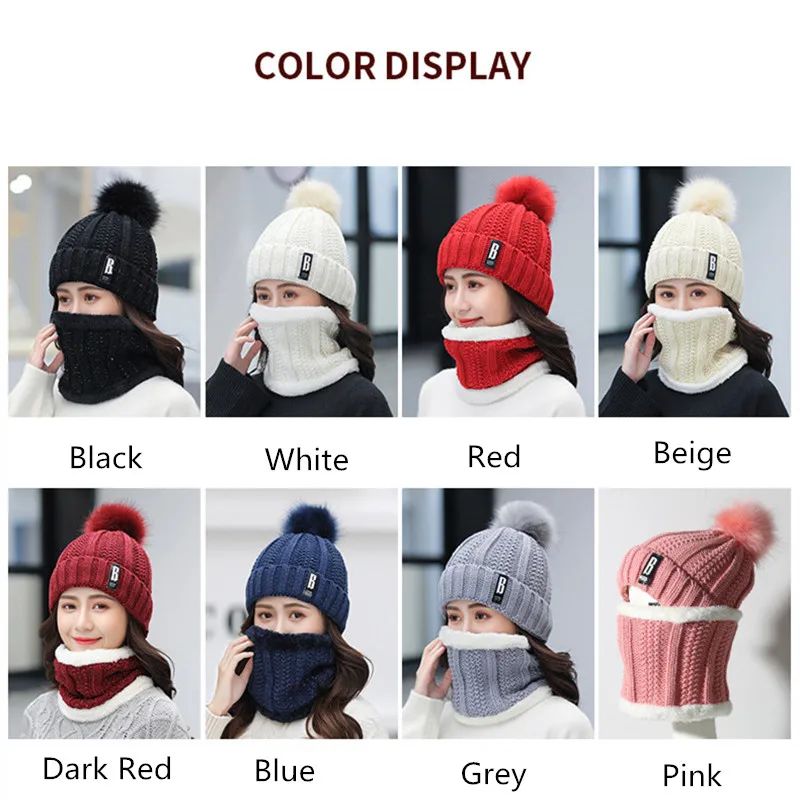 New Winter Hat Scarf Set For Ladies Girls Fashion Cotton Warm Pom Poms Hat+ Scarf 8 Color Cute Women Hat Scarf Set