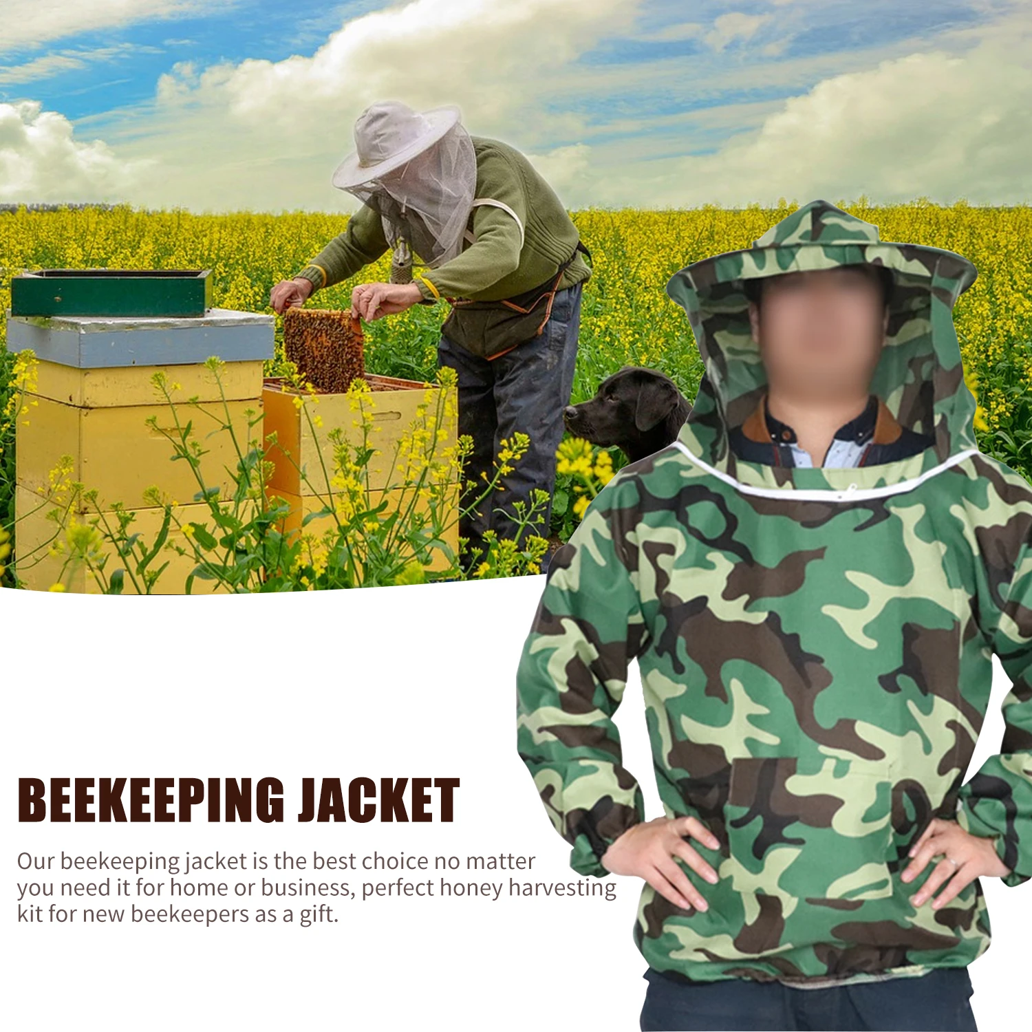 

Beekeeping Suit Bee Jacket with Hat Veil Zippered Professional Beekeeping Protective Sleeves Camouflage Clothes for Men Women