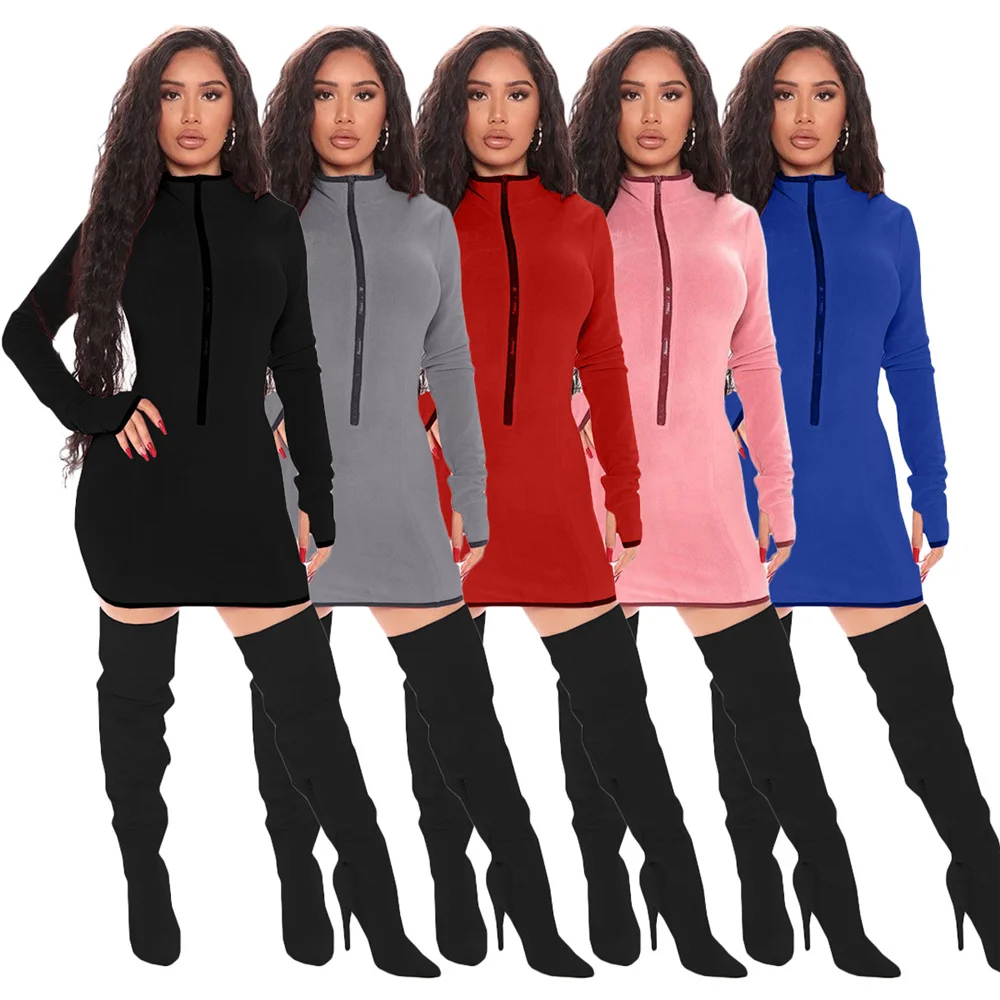 

Womens Bodycon Dresses V Neck Solid Color Long Sleeve Sexy Dress with Zipper Casual Slim Mid Waist Ladies Dress