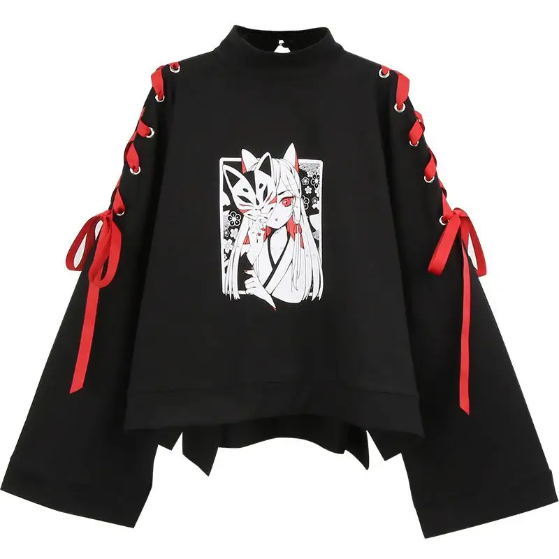 Японский негабаритный Печатный аниме-Толстовка Готический уличный крутой черный пуловер Harajuku девушка Kawaii Женская Толстовка Топ - Цвет: Черный