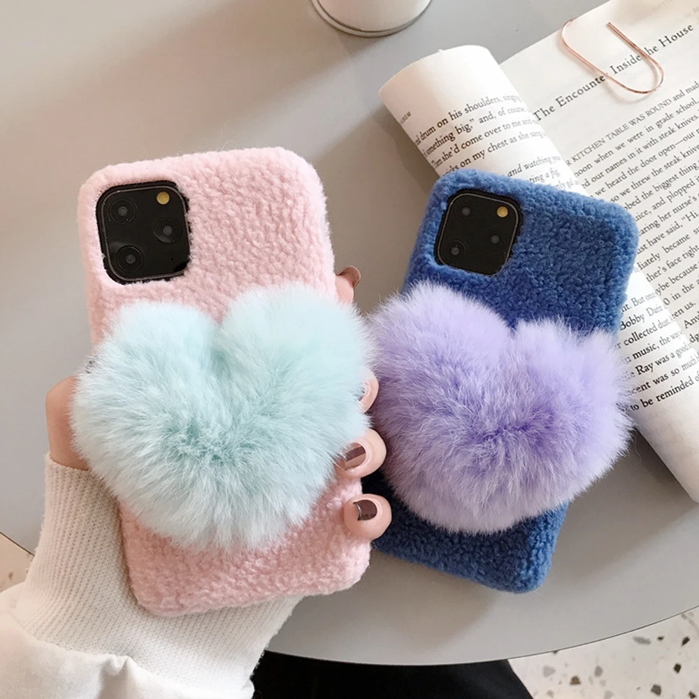 Wrasse Rabbit Fur For Iphone 11 Case Girls 11 Pro Covers Cute 3d Heart 6 7 8 Plus X Xr Cloth Lamb Wool Winter Phone Cases Purple Aliexpress