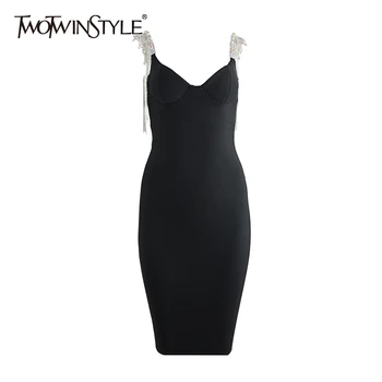 

TWOTWINSTYLE Sexy Diamonds Summer Dress Women V Neck Sleeveless Spaghetti Strap Patchwork Tassel Mini Dresses For Female Fashion