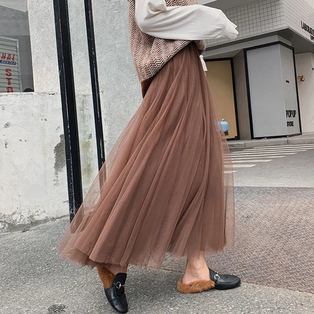 US $11.80 Mesh Women's Tulle Skirt Women Midi Black Long Pleated Tulle Skirts For Women High Waist Skirt Fema