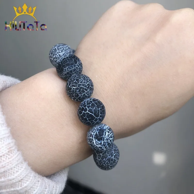 ジュエリー作り用のひびの入った黒瑪瑙ビーズ,丸いフロストビーズ,天然