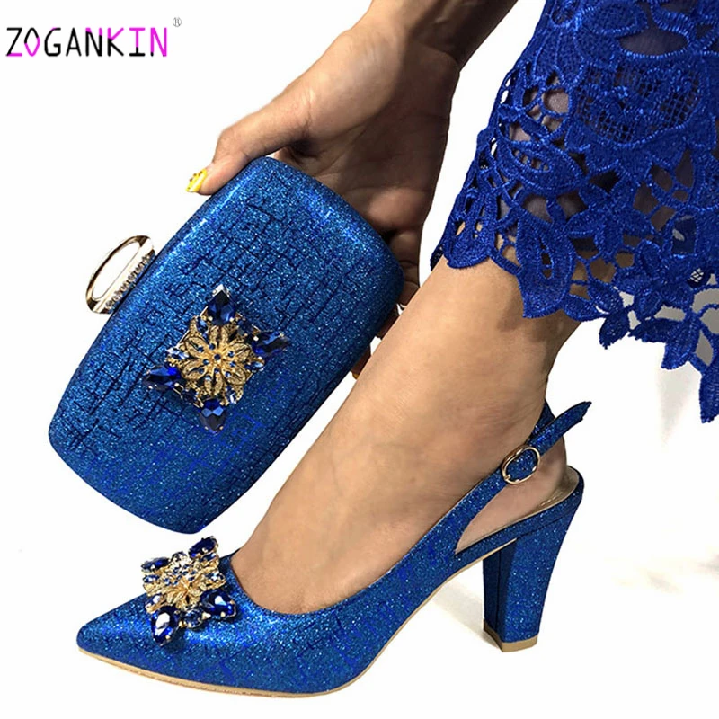 

Sweet Style 2019 Special Design Pointed Toe African Ladies Shoes and Bag To Match in Royal Blue Matching Shoes and Bag Set