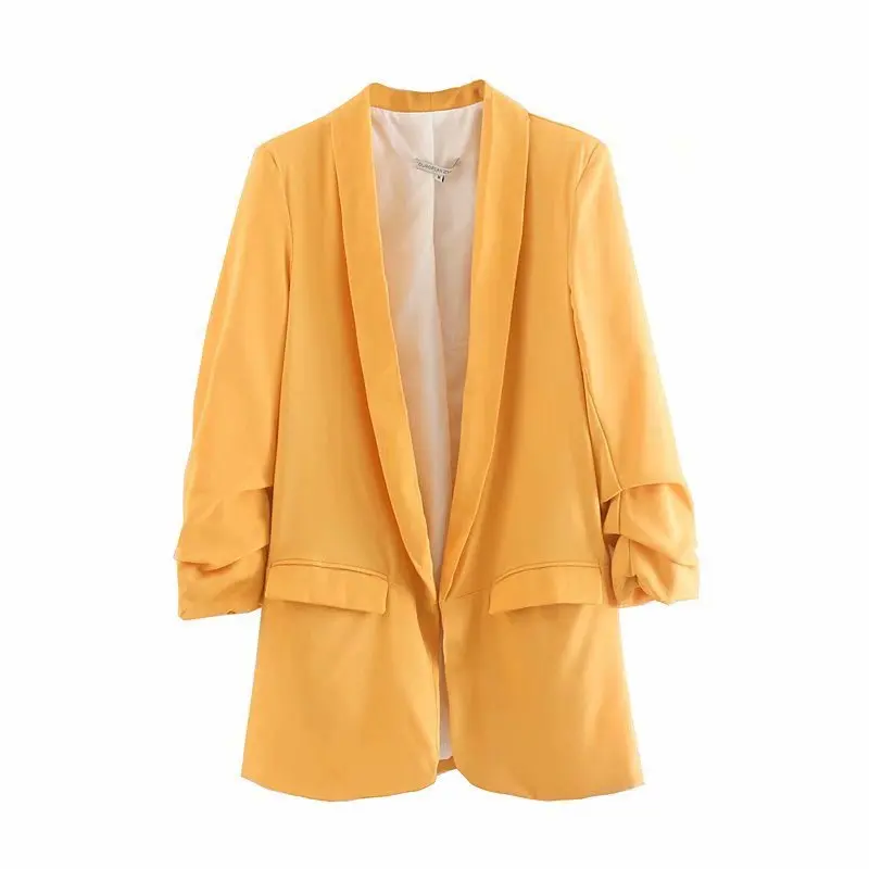 

2019 Summer New Style Western Style Sleeves Pleated Design No Buckle-Style Elegant Solid Color Suit Jacket