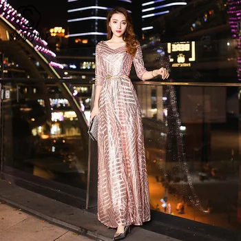 

Skyyue Rose Gold Evening Dresses Sequined Party Dresses K237 V-Neck Elegant Formal Dress Floor Length Special Occasion Dresses