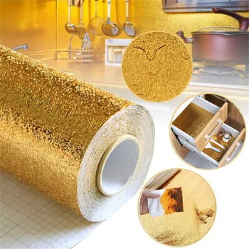 

Oil-Proof Waterproof Stickers Aluminum Foil Kitchen Stove Cabinet Self Adhesive Gold Wall Sticker DIY Kitchen Wallpaper #T5P