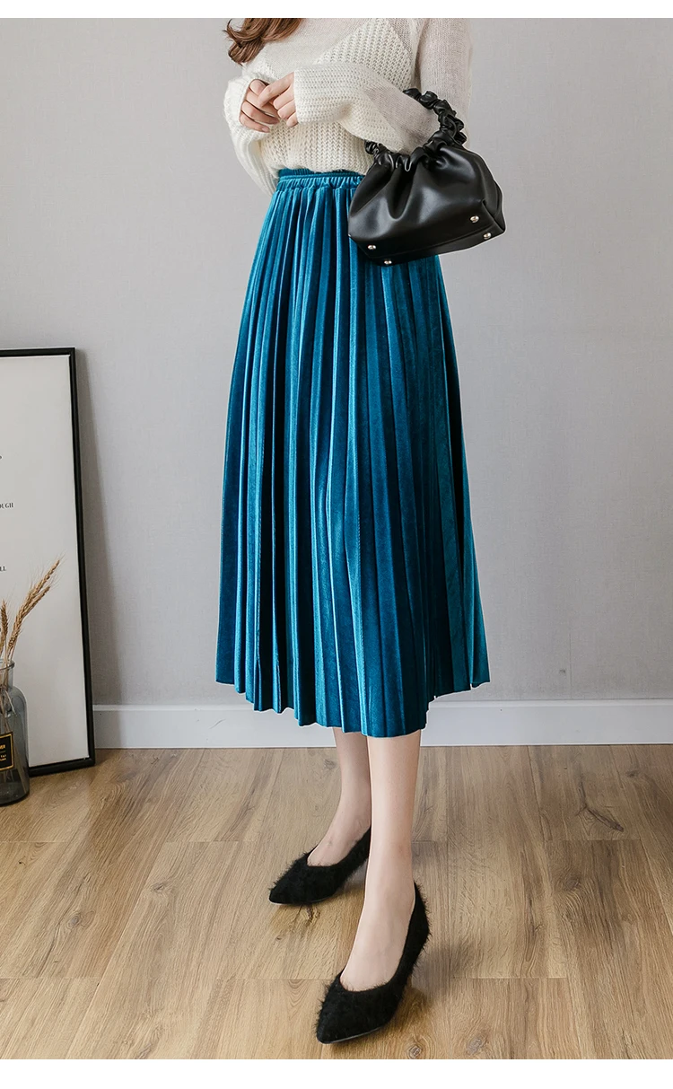 Beiyingni Autumn Winter Gold Velvet Midi Skirt for Woman High Waist Vintage Casual Pleated Skirts Womens Solid 7Colors Warm Saia